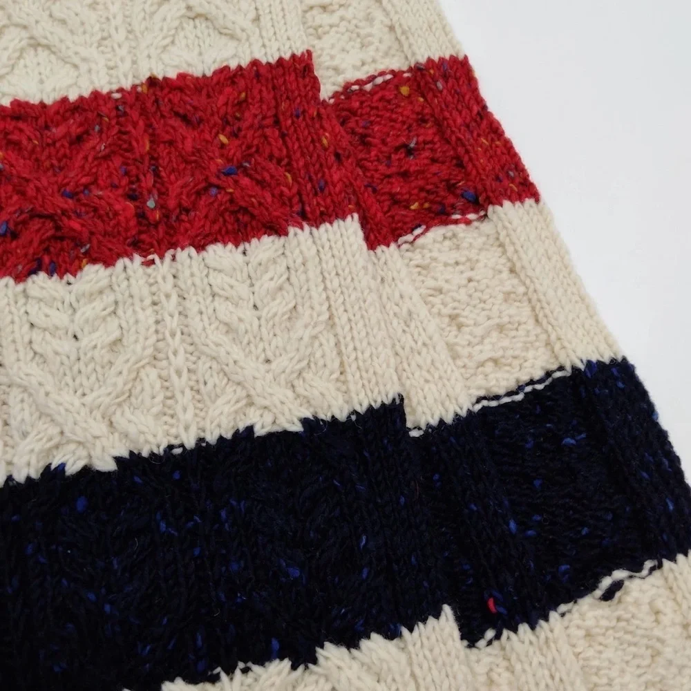 Thom Browne Striped Cable Knit Scarf Ivory w/ Red Navy Signature Stripe Wool